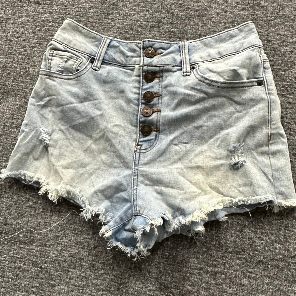 Peace Love Eco Shorts Womens Size 26 Light Wash Distressed Button Fly Denim